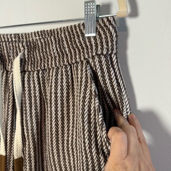 Brown and White Women's Striped Pants, elastic waist, adjustable ankle cuff. - Picture 5 of 16